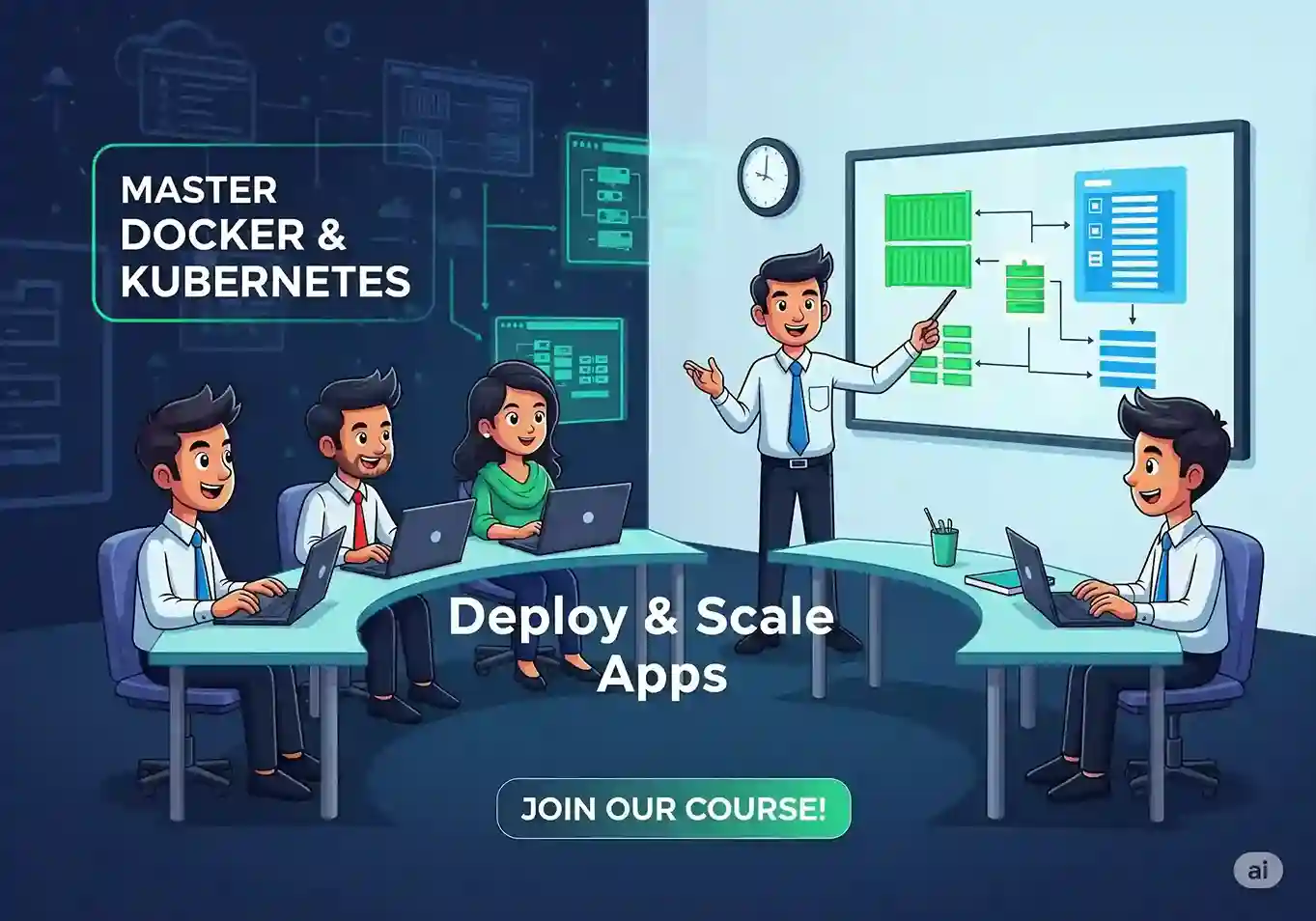 A diagram showing Docker containers being managed and orchestrated by Kubernetes, for a course in Sivakasi.