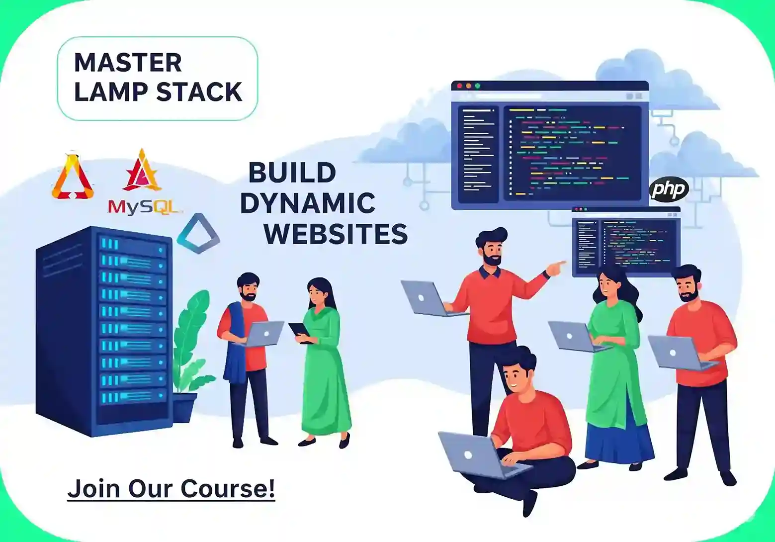 A diagram showing the LAMP stack components: Linux, Apache, MySQL, and PHP, for a course in Sivakasi.