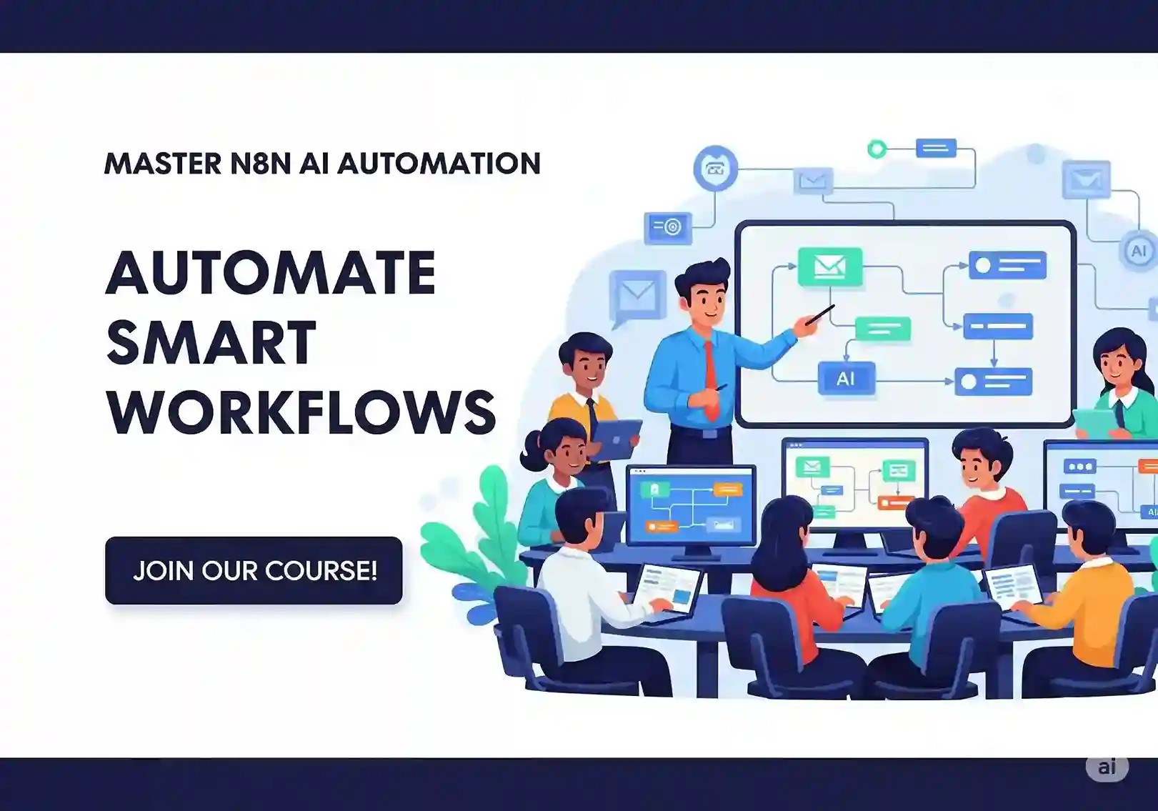 A visual workflow in n8n connecting different apps with an AI node, for a course in Chennai.