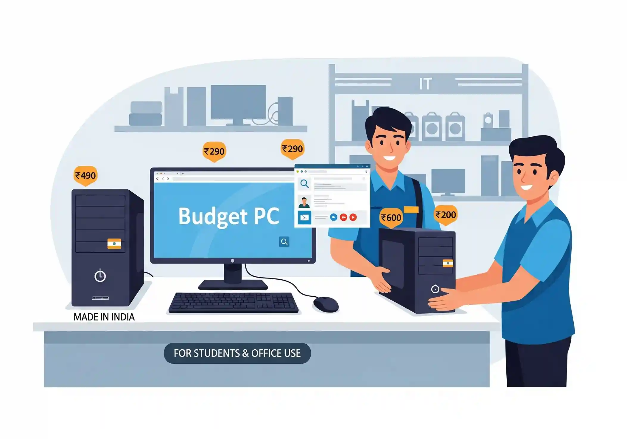 A clean and simple custom-built budget PC on a desk, ideal for students and office work in Sivakasi.