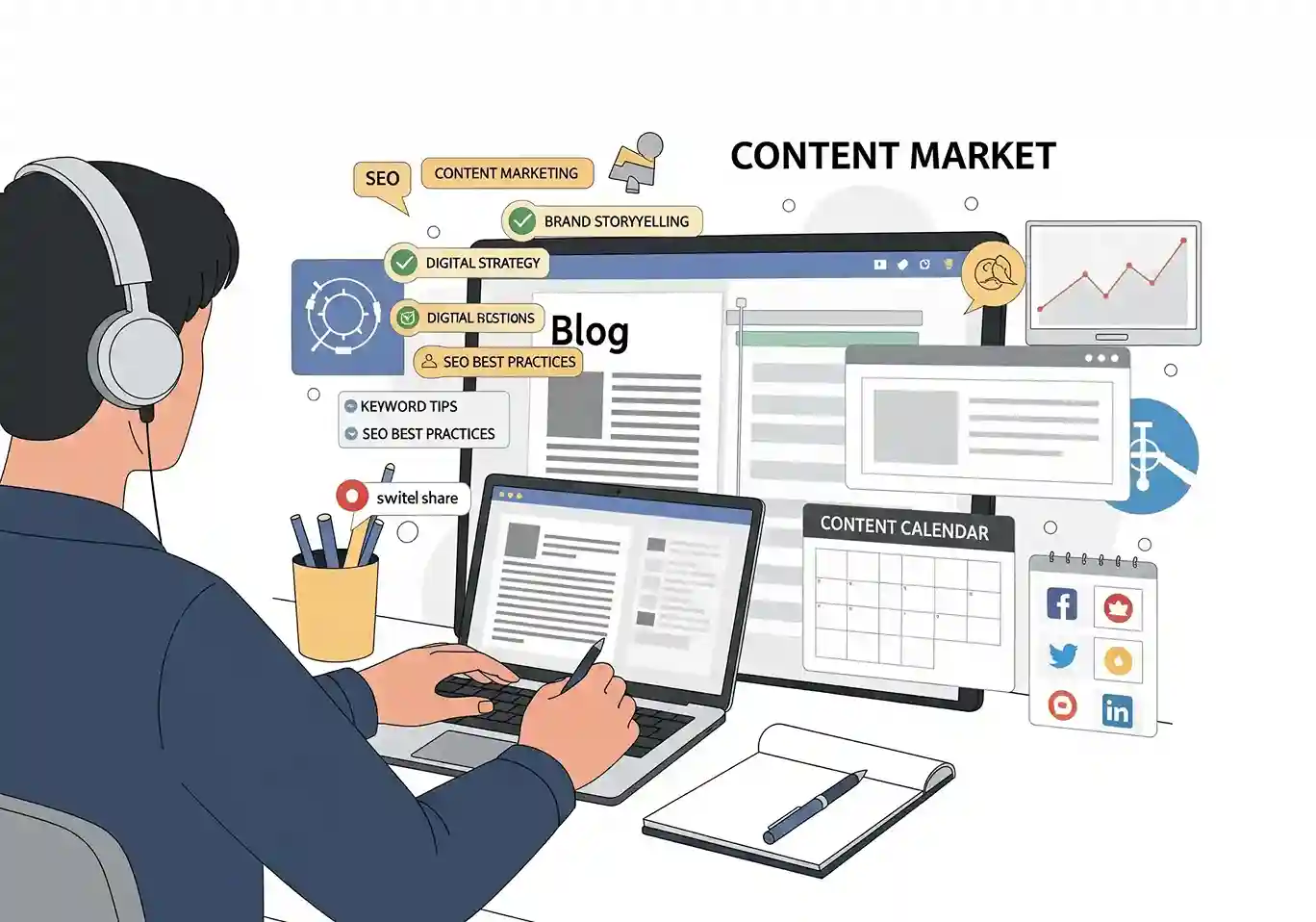 A writer creating an SEO-optimized blog post on a laptop, representing content marketing services in Chennai.