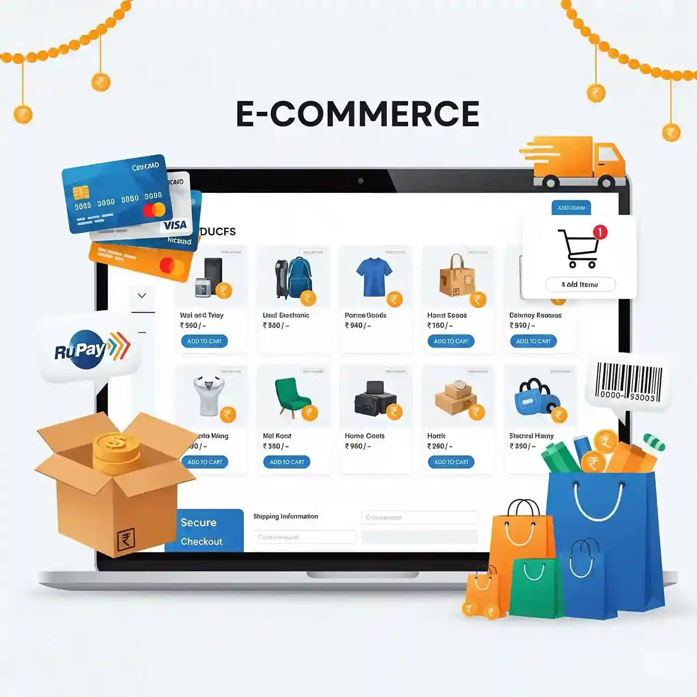 A modern e-commerce website displayed on a laptop, showcasing product listings and a shopping cart.
