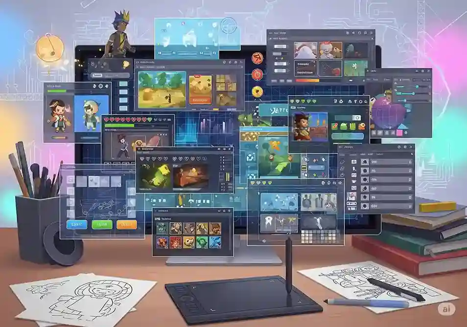 A digital artist designing a game character and user interface on a tablet, representing game asset services in Chennai.