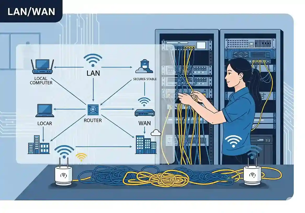 A network rack with organized cabling and switches, representing a professional LAN/WAN setup in a Sivakasi office.