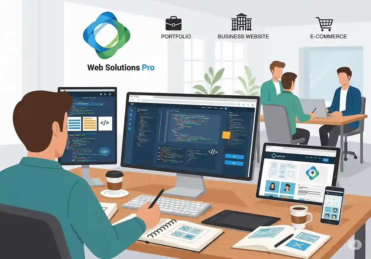 A developer building a responsive website on a laptop, showcasing web development services.